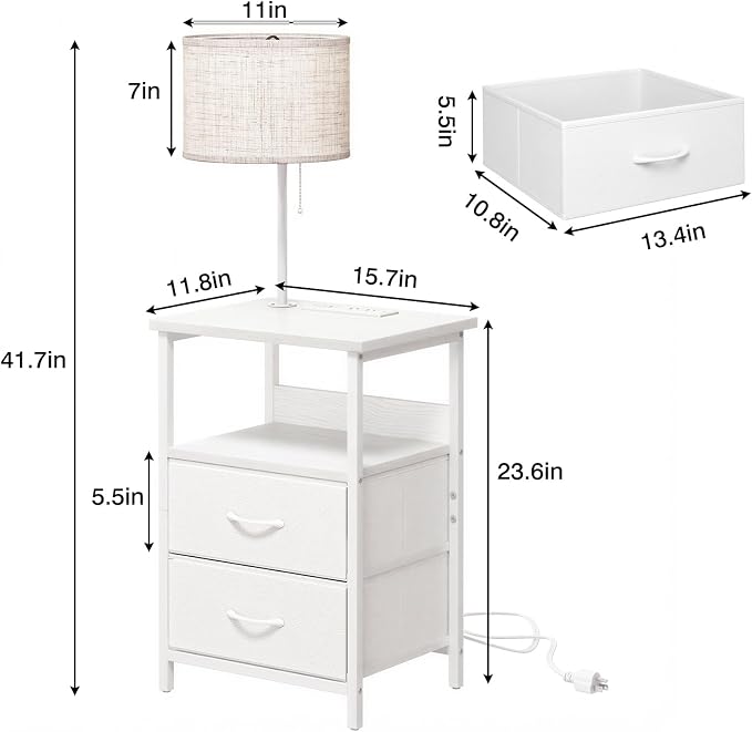 Fixwal Night Stand with 3 Color Temperature Bulb Attached, Nightstand with Light & Charging Station End Table with Fabric Drawer for Bedroom, Dorm, White