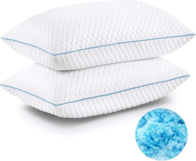 Cooling Shredded Memory Foam Bed Pillows, Standard Size, 2 Pack, 20 x 26 in | Adjustable Firm, Supportive, Breathable, Hypoallergenic, Odorless, Luxury, Cool Gel pillows for Side Back Stomach Sleepers
