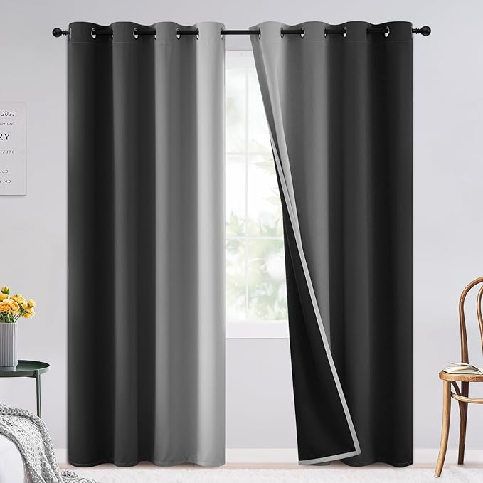 SimpleHome 100% Blackout Ombre Bedroom Curtains Black and Greyish White,90L | Room Darkening Curtains,Thermal Insulated Grommet Window Drapes and Curtains for Living Room,2 Panels, 52x90 inches Length