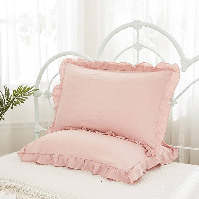 Pink Pillowcases King Pillowcases Ruffled Pillow Shams Set of 2 Cute Pillowcases Solid Ruffled Fringe Design Baby Pink Shabby Chic Pillowcases 2 Pack (King (20''x36''), Pink)