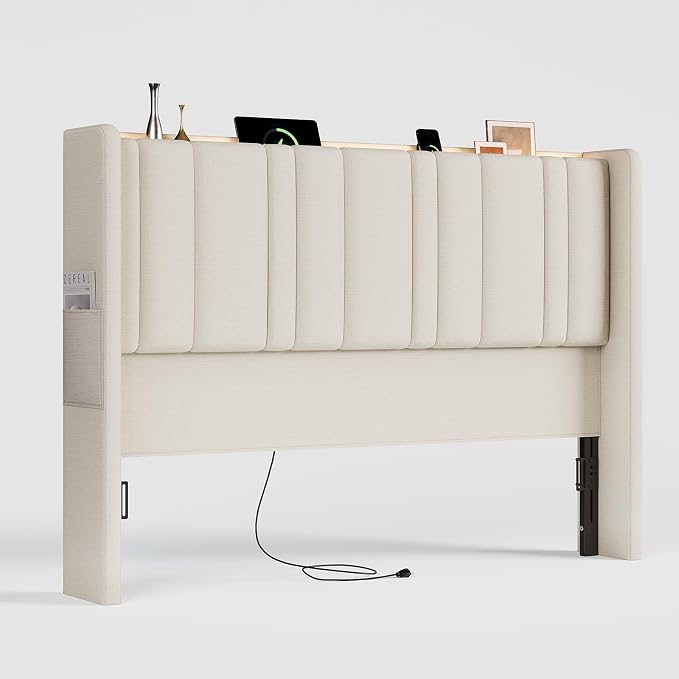 ONBRILL Queen Size Headboard with Storage, LED Light, Off White | Linen Vertical Wingback Headboard w/ Charging Station, Upholstered Head Board w/ High-Density Foam Padding, 2 Storage Pockets