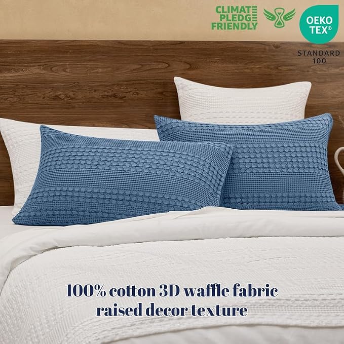 PHF 100% Cotton Waffle Pillow Shams Queen Size, 2 Pack 20" x 30" Soft Skin-Friendly Pillowcases, No Filling, Aesthetic Woven and Breathable Waffle Weave Pillow Case Covers for Bed, Denim Blue