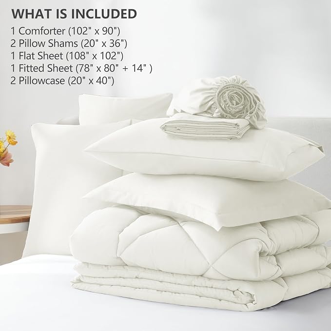 King Size Comforter Set Ivory - 7 Pieces Complete Bedding Set | OEKO-TEX Certified, All Season, 240GSM Down-Alternative Comforter, Sheets, Pillowcases & Shams, 14" Deep Pocket, Easy Care