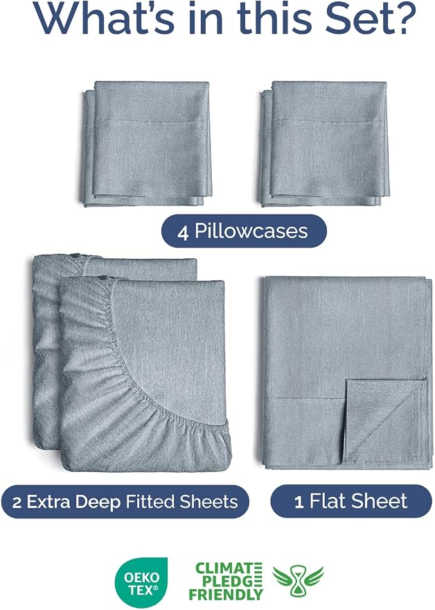 Extra Deep Split King Sheet Set - 7 Piece Cooling Sheets - Heathered Blue | Hotel Luxury Bed Sheets Set, Easy & Secure Fit, Ultra-Soft, Wrinkle & Fade Free, Comfy Sheets Set with Extra Deep Pockets