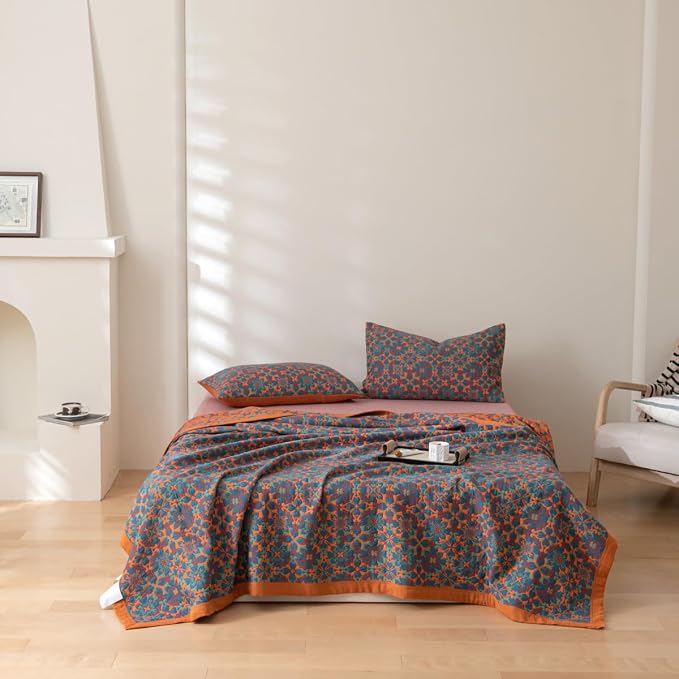 100% Cotton Muslin Blanket Jacquard Bohomian Mandala Floral Print Quilt, Soft Bed Cover 3 Layers Reversible Bedspread Coverlet Breathable Lightweight Bedding Twin(59"x94"), No Pillow Sham