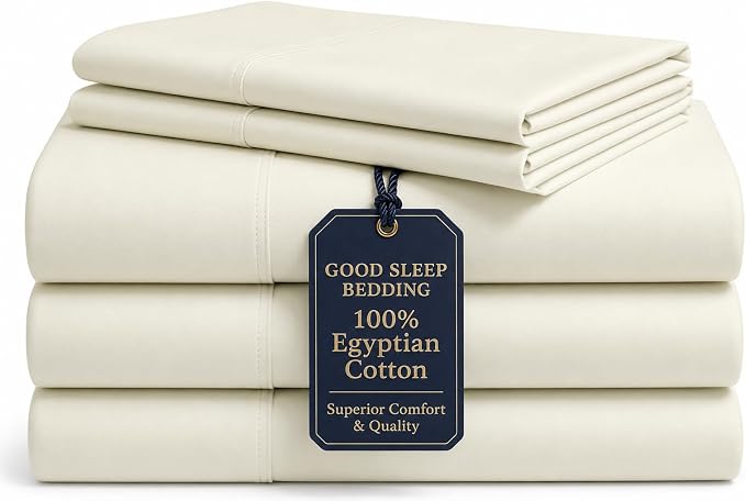 Good Sleep Bedding Split King Sheets Sets for Adjustable Bed, 5 Piece, 100% Egyptian Cotton Bed Sheets for Adjustable Bed, Sateen Weave, 16 Inch Deep Pocket Bed Sheet - Ivory