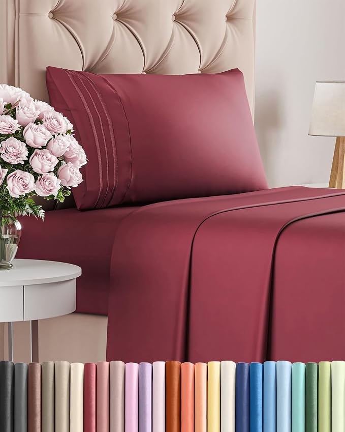 Twin Size 3 Piece Sheet Set - Comfy Breathable & Cooling Sheets - Burgundy | Hotel Luxury Bed Sheets for Women & Men, Deep Pockets, Easy-Fit, Extra Soft and Wrinkle Free Sheets, Oeko-Tex Bed Sheet Set