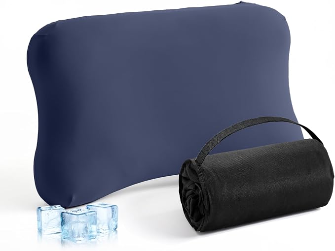 ZZ-WELL Neck Pillow for Sleeping - Memory Foam Pillows with Portable Storage Bag, Cooling Pillowcase - Soft Sleeping Pillow for Side Back Sleepers on Bed, Camping, Travel Size (Blue)