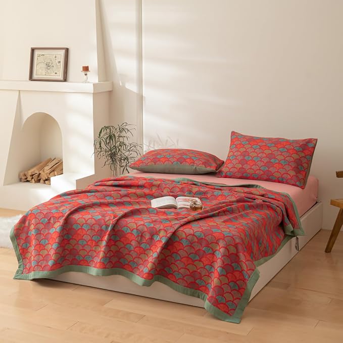 100% Cotton Muslin Blanket Jacquard Rustic Mermaid Fish Scales Print Quilt, Soft Bed Cover Reversible Bedspread Coverlet Breathable Lightweight Bedding Full/Queen(78"x94"), No Pillow Sham