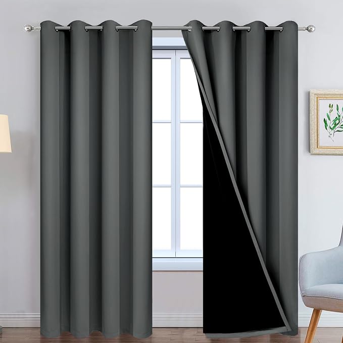 Yakamok Dark Grey 100% Blackout Curtains 90 Inches Long 52" Wide 2 Panels | Blackout Curtain Panels for Bedroom, 2 Thick Layers Grommet Top Thermal Insulated Drapes with Black Liner for Living Room