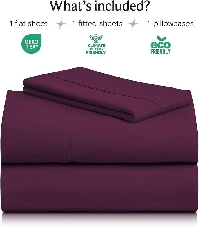 LuxClub Twin Size Sheets Set, Cooling & Soft Deep Pocket Bed Sheets, 3PC | LuxClub Silky Fitted Sheet & Pillowcase Sets, Breathable Hotel Luxury Bedding for Mattress Wrinkle Free, Eggplant