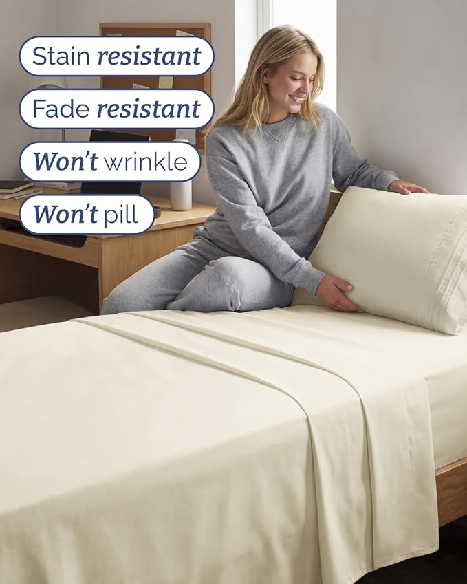 Twin XL 3 Piece Sheet Set - College Dorm Room Essentials - Off White | Deep Pocket Bed Sheets for Women, Men, Teens & Students, Soft, Cooling, Breathable & Wrinkle Free, Oeko-Tex Bed Sheet Set