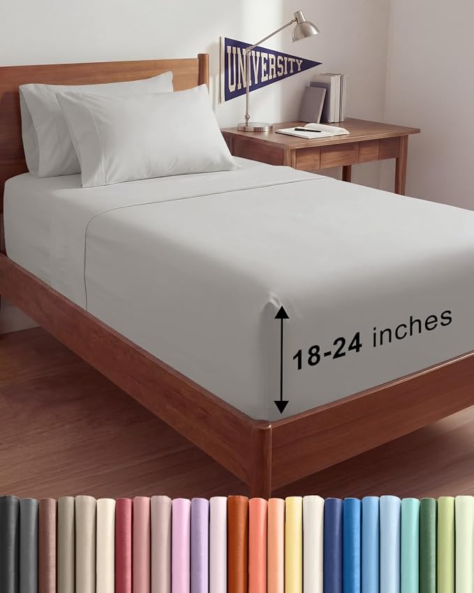 Extra Deep Twin XL Sheet Set - 4 Piece College Dorm Room - French Grey | College Dorm Room Essentials, Easy & Secure Fit, Ultra-Soft, Wrinkle & Fade Free, Comfy Sheets Set with Extra Deep Pockets