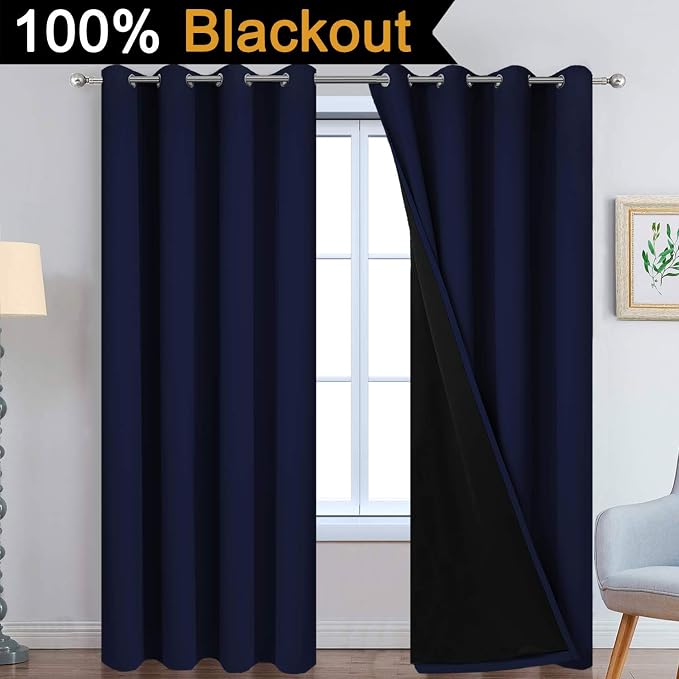 Yakamok Navy Blue 100% Blackout Curtains 96 Inches Long 52" Wide, 2 Panels | Blackout Curtain Panels for Bedroom, 2 Thick Layers Grommet Top Thermal Insulated Drapes with Black Liner for Living Room
