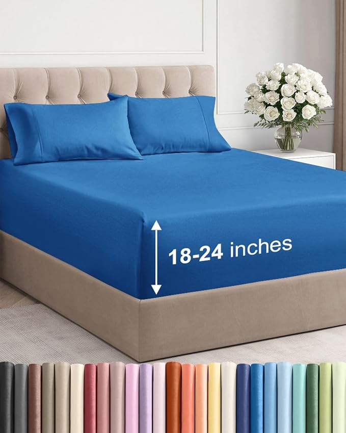 Extra Deep Cal King Sheet Set - 4 Piece Breathable & Cooling - Royal Blue | Easily Fits 18 to 24 inch Mattress, Ultra Soft, Wrinkle & Fade Free with Extra Deep Pockets, Comfy Hotel Luxury Bedding