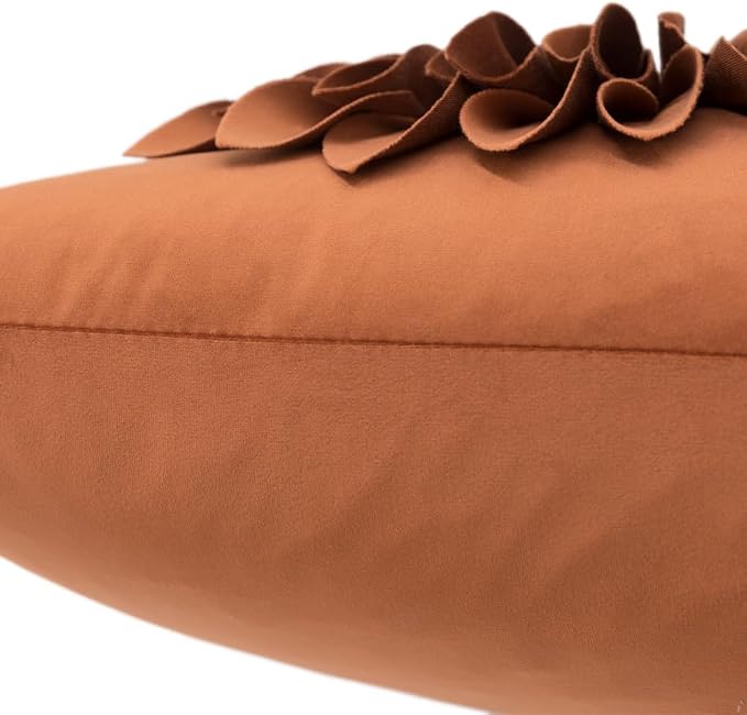 OiseauVoler 3D Flower Decorative Throw Pillow Covers for Couch 18x18 Inch | Vintage Floral Handmade Pillowcases for Living Room Washable With Zipper Soft Velvet Pet Hair Resistant Rust Terracotta