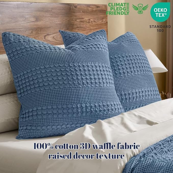 PHF 100% Cotton Waffle Weave Euro Sham Covers, 2 Pack 26" x 26" Bed Pillow Covers for Elegant Home Decor, No Filling, Luxury Aesthetic Soft Euro Pillow Cases for Bed, Denim Blue