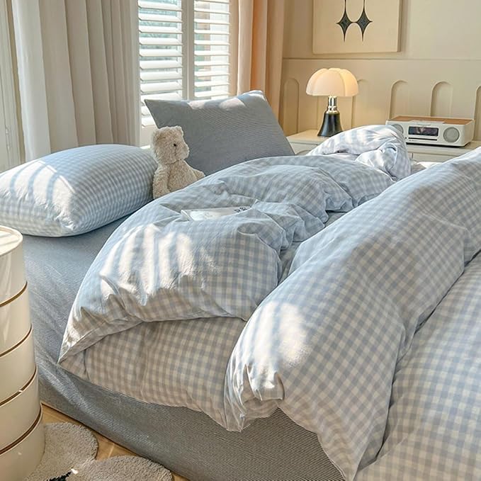 Nayoroom Gingham Duvet Cover Set Full Blue White Plaid Checkered Bedding | Soft Breathable Washed Microfiber, All-Season Comfort, Hidden Zipper, 4 Corner Ties, Modern Farmhouse Coastal, Dorm Bedding