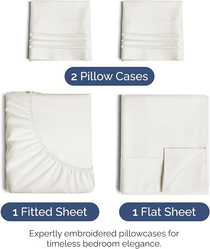 Queen Size 4 Piece Sheet Set - Ultra Soft & Cooling Sheets - Antique White | Fits 8 Inch to 16 inch Mattress, Wrinkle Free & Fade Resistant with Deep Pockets, Breathable, Comfy Hotel Luxury Bedding