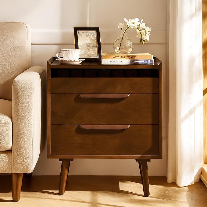 HULALA HOME 2-Drawer End Table with Charge Station, Walnut | Mid-Century Modern Style, Pull-Out Shelf, Wood Legs, Cable Management