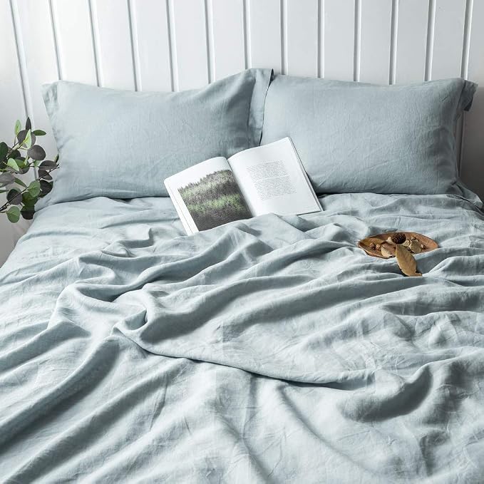 Simple&Opulence 100% Linen Duvet Cover Set 3pcs Basic Style Natural French Washed Flax Solid Color Soft Breathable Farmhouse Bedding with Button Closure - Dusty Blue, King