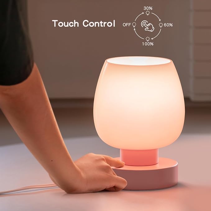 Touch Bedside Table Lamp - Pink Small Lamp for Bedroom with USB C+A Charging Ports 3 Way Dimmable, Nightstand Desk lamp with Glass Lamp Shade Warm LED Bulb Included, Simple Design Christmas