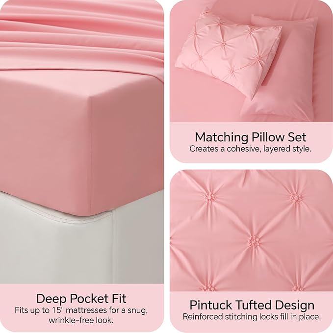 BEDELITE Queen Comforter Set Pink,Lightweight & Soft Comforter | 7 Pc Boho Bed in a Bag,Warm & Cute Bed Set for All Season,Includes Comforter,Flat & Fitted Sheets,2 Pillowcases & 2 Shams