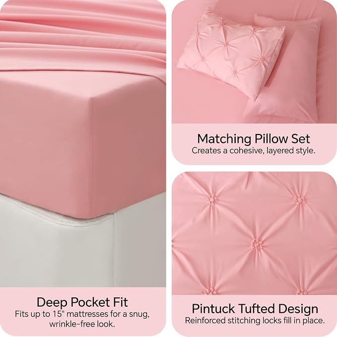 BEDELITE Twin XL Comforter Set Pink,Lightweight & Soft Comforter | 5 Pc Bed in a Bag,Boho Bedding, Warm & Cute Bed Set for All Season,with Comforter,Flat & Fitted Sheets,1 Pillowcase & 1 Sham
