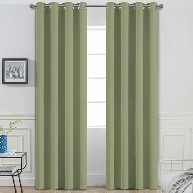 Yakamok Room Darkening Curtains 52x96 inch Length Sage Green-Living Room | 2 panels,grommet blackout window treatment,thermal insulated,light blocking drapes,privacy protection,bedroom dining room