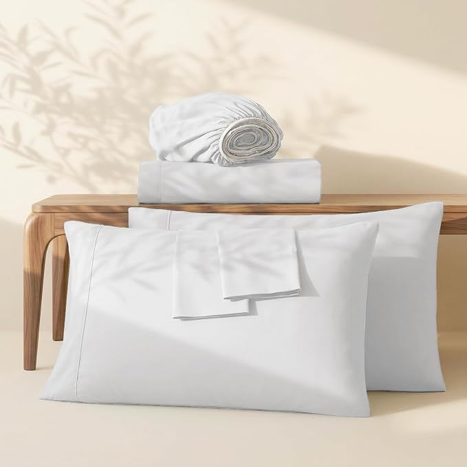 Hearth & Harbor Extra Deep Pocket Queen Sheets Sets - Fits Mattress 18-24 Inches Deep - Extra Deep Pocket Sheets - 6 Piece Queen Size - White