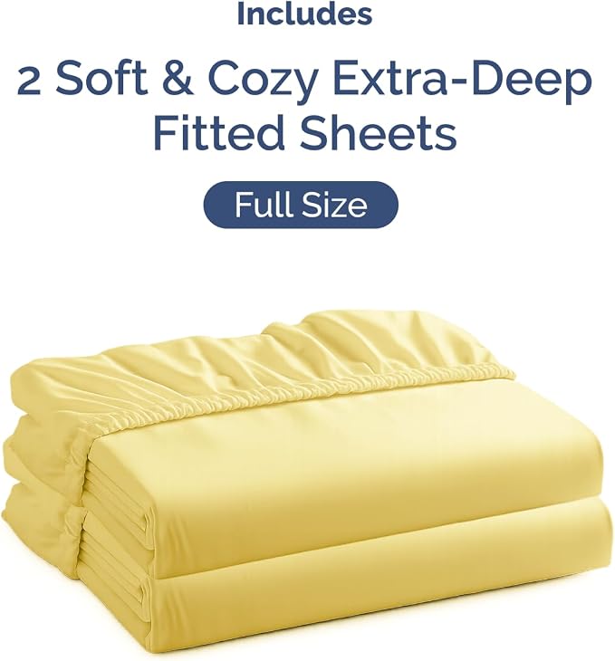 2 Pack Extra Deep Full Fitted Sheets with Extra Deep Pockets - Yellow | Hotel Luxury Bottom Fitted Sheets Only, Soft, Fade & Wrinkle Free, Breathable & Comfy, All Around Elastic Fitted Sheets