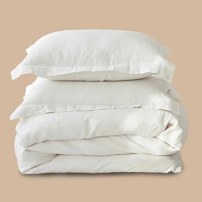 Simple&Opulence 100% Linen Duvet Cover Set 3pcs Basic Style Natural French Washed Flax Solid Color Soft Breathable Farmhouse Bedding with Button Closure - White, King