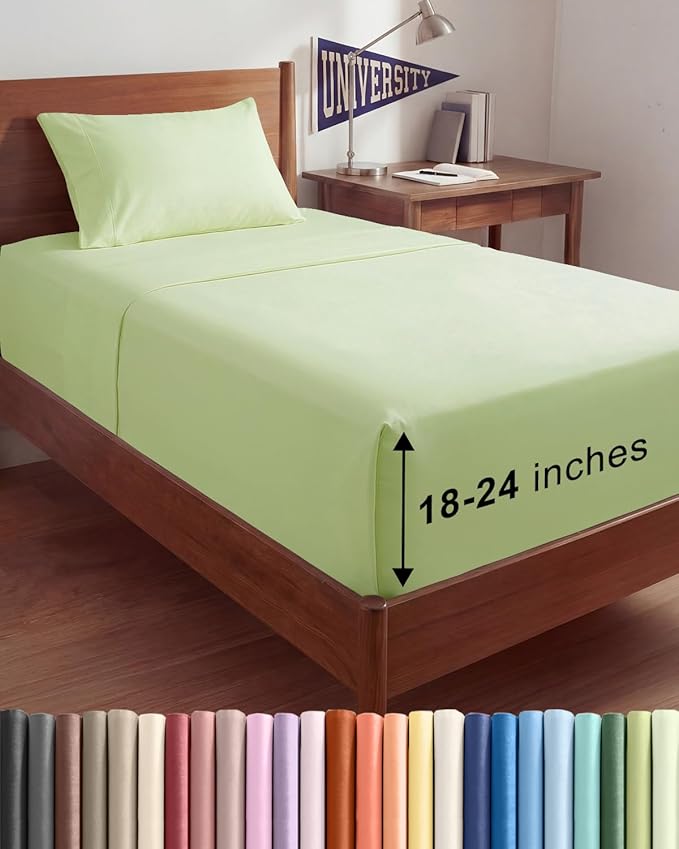 Extra Deep Twin XL Sheet Set - 3 Piece College Dorm Room - Light Sage Green | Soft, Breathable & Cooling, Easily Fits 18 to 24 inch Mattress, Wrinkle Free & Fade Resistant with Extra Deep Pockets
