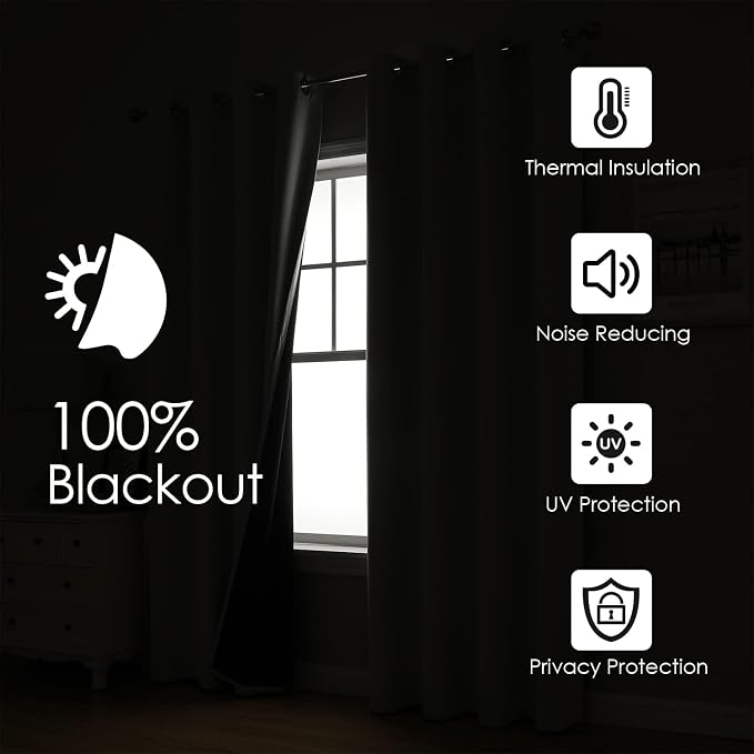ChrisDowa 100% Blackout Curtains for Bedroom 72 Inches Long 2 Panels Set | 2 Thick Layers, Thermal Insulated, Light Blocking, Grommet, Window Treatment, Living Room Drapes, Black, 52 x 72 Inch