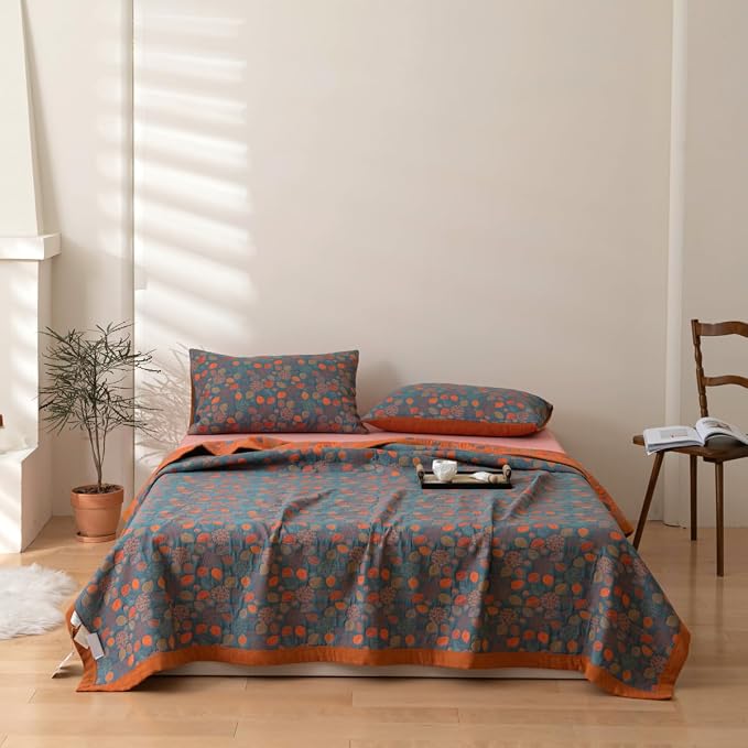 100% Cotton Muslin Blanket Jacquard Rustic Floral Leaves Print Quilt, Soft Bed Cover 3 Layers Reversible Bedspread Coverlet Breathable Lightweight Bedding Twin(59"x94"), No Pillow Sham
