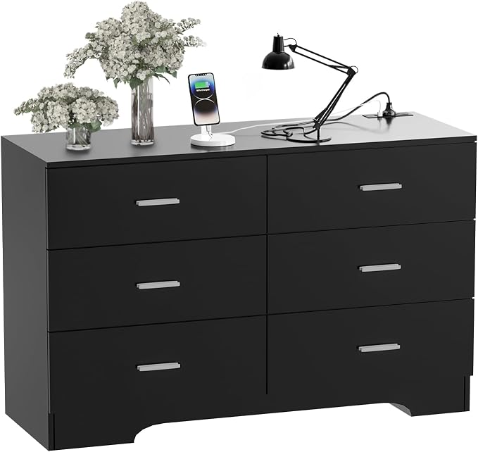 FJTJBSI Dresser with Power Outlets Wooden 6 Drawer Dresser with USB and Type C Port Chest of Drawers for Bedroom Tall Black Organizer Storage for Living Room Hallway Closet