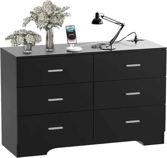 FJTJBSI Dresser with Power Outlets Wooden 6 Drawer Dresser with USB and Type C Port Chest of Drawers for Bedroom Tall Black Organizer Storage for Living Room Hallway Closet