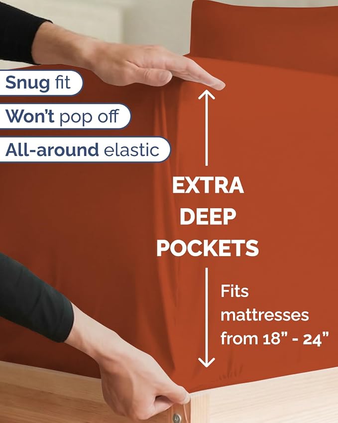 Extra Deep Twin XL Sheet Set - 3 Piece College Dorm Room - Terracotta | Soft, Breathable & Cooling, Easily Fits 18 to 24 inch Mattress, Wrinkle Free & Fade Resistant with Extra Deep Pockets
