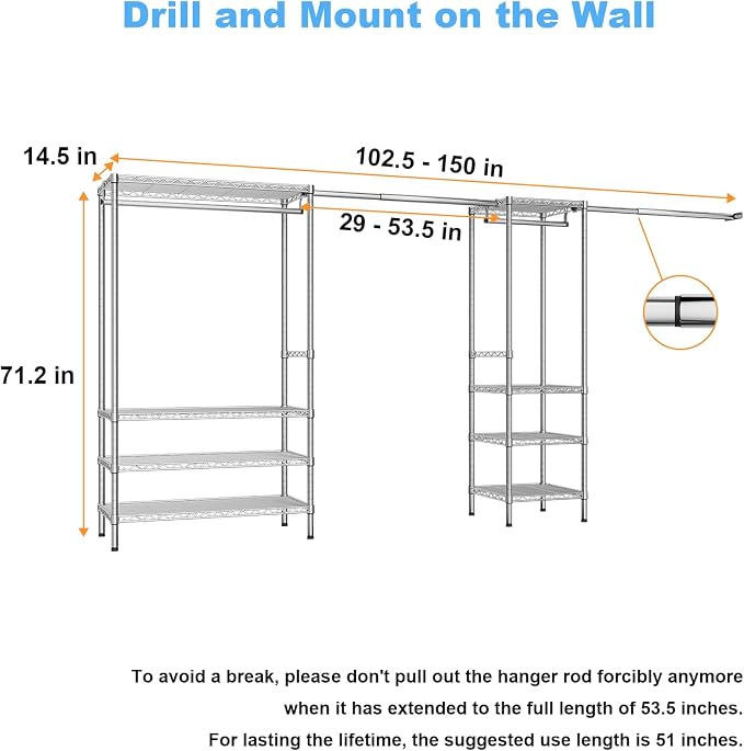 Ulif E11 Heavy-Duty Garment Rack, Metal Clothes Rack, Load 1034lbs, Chrome | Freestanding Expandable Closet Storage Organizer System with 8 Shelves and 4 Hanger Rods, (73.2-97.6)"W x 14.5"D x 71.2"H