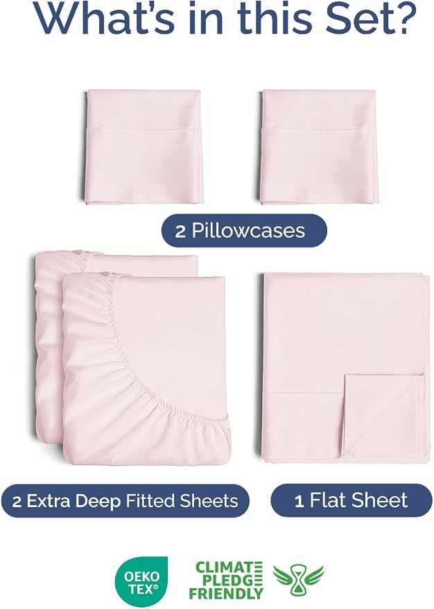 Extra Deep Split King Sheet Set - 5 Piece Cooling Sheets - Lavender Pink | Easily Fits 18 to 24 inch Mattress - Ultra Soft, Wrinkle & Fade Free with Extra Deep Pockets - Comfy Hotel Luxury Bedding