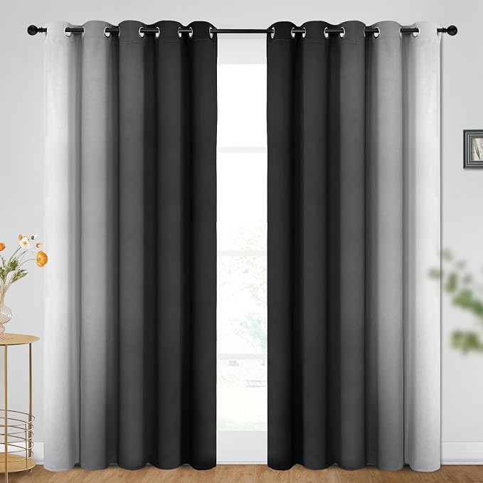 SimpleHome Ombre Black to Grey White Curtains for Living Room 62Wx84L | Room Darkening Curtains for Bedroom,Gradient Light Blocking Curtain,Thermal Insulated Grommet Window Drapes,2 Panels,84 Inch
