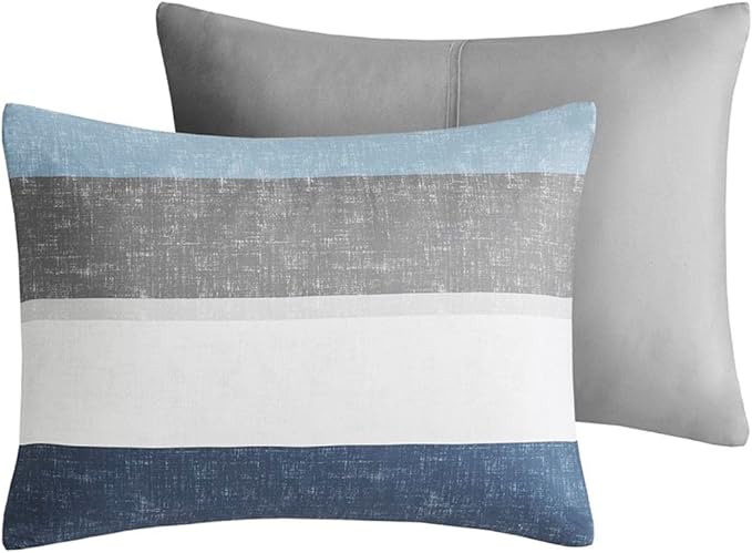 Madison Park Essentials Jaxon Full Size Comforter Set, Bed in A Bag Comforter & Sheet Set, Modern Casual Stripes Print, All Seasons, Soft Microfiber Bedding Makeover, Sham, Full, Blue/Grey 7 Piece