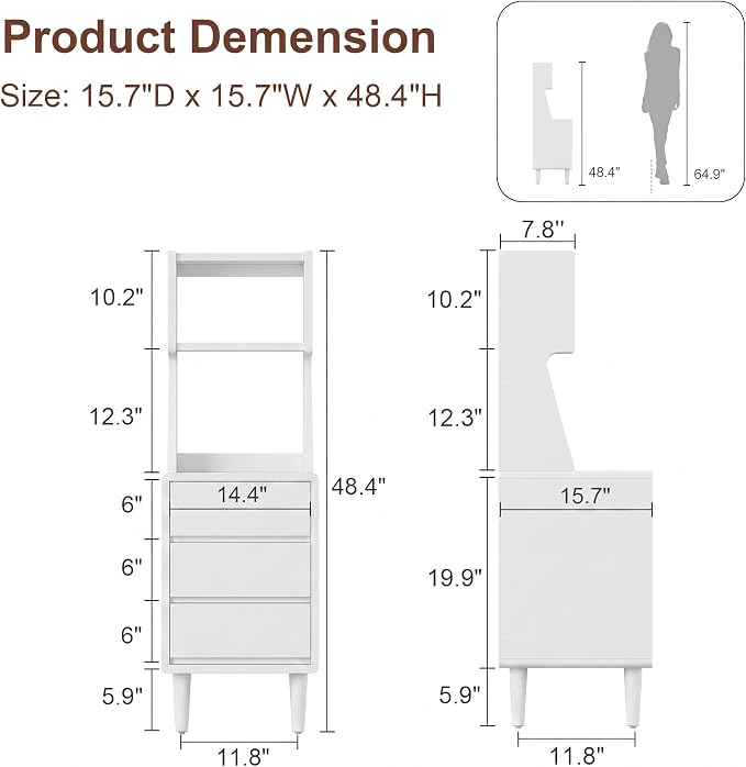 Solid Wood Bookshelf Nightstand Combo, Tall Nightstand with Bookshelf | White Nightstand Bookshelf,Narrow Nightstand with Drawers,Open Shelf Bookcase,for Bedroom,Living Room,Offices