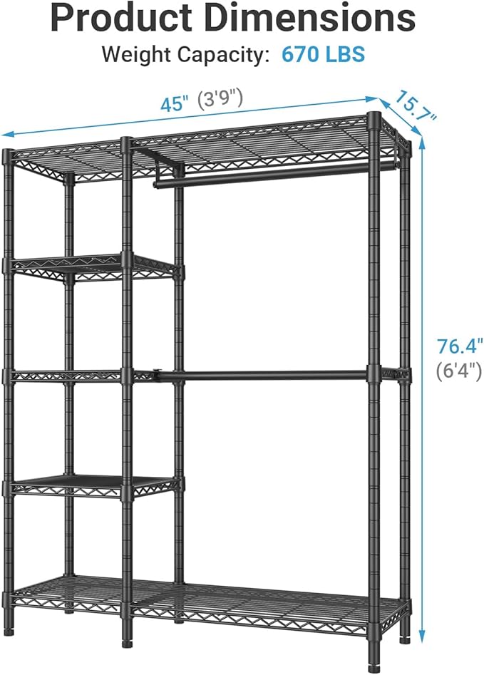 VIPEK V7 Clothes Rack with Shelves Heavy duty Closet for Hanging Clothes | 5 Tiers Adjustable Wire Shelving, Double Hanging Rods, 670lbs Metal Closet System, Space-Saving Storage for Home, Black