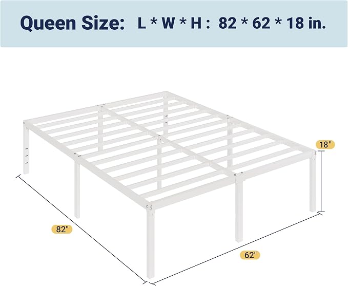 Allewie Queen Bed Frame, 18 Inch Metal Beds with Storage Space, White | Heavy-Duty Metal Platform Beds, Large Under-Bed Storage Space, No Box Spring Needed, Easy Assembly