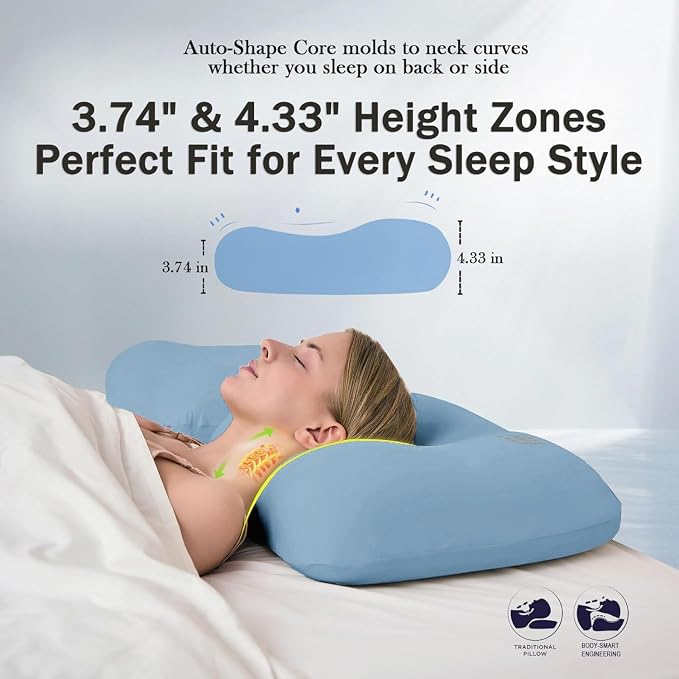 HighBeds Cervical Neck Pillow - Side Sleeper Pillow for Neck Pain Relief, Soft Ergonomic Memory Foam Pillows Ice Silk Zipperless Pillowcase, Eco-Friendly and Durable Material (Blue)