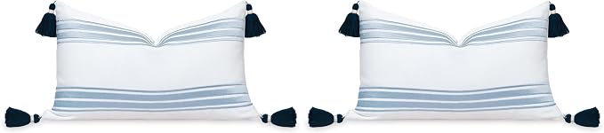 Hofdeco Premium Coastal Patio Indoor Outdoor Lumbar Pillow Cover Only, 12"x20" Water Repellent for Backyard, Couch, Baby Blue Embroidered Stripes with Tassels (Pack of 2)