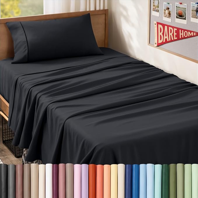 Bare Home Twin XL Sheet Set - 1800 Ultra-Soft (Twin XL, Black) | Deep Pockets 6 to 15 Inches, Breathable, Hypoallergenic, Hotel Luxury, Easy Fit, Soft, All-Season