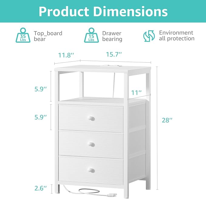 BOLUO White Night Stand with 3 Fabric Drawers, Nightstand with Charging Station LED Nightstand for Bedroom, Bedside Table with USB Ports and Outlets Modern