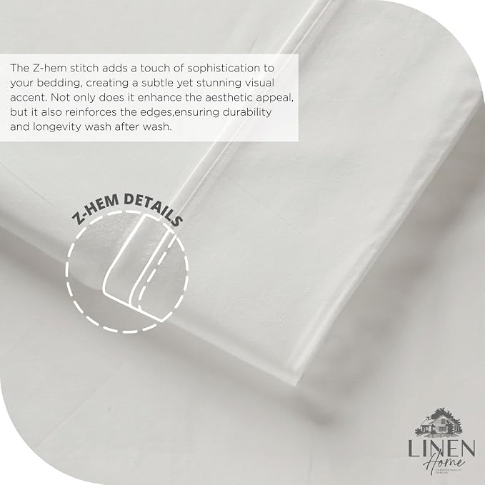 Linen Home 6 Piece Queen Cotton Sheet Set, 100% Cotton Percale, 4 Pillowcases, Deep Pocket with All Around Elastic Sheet, Crisp Breathable Bedding, Hotel Luxury, Long-Staple Combed Cotton, Snow White